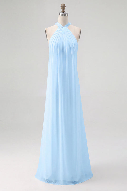 Robe de soirée en mousseline bleu ciel, élégante, avec licol