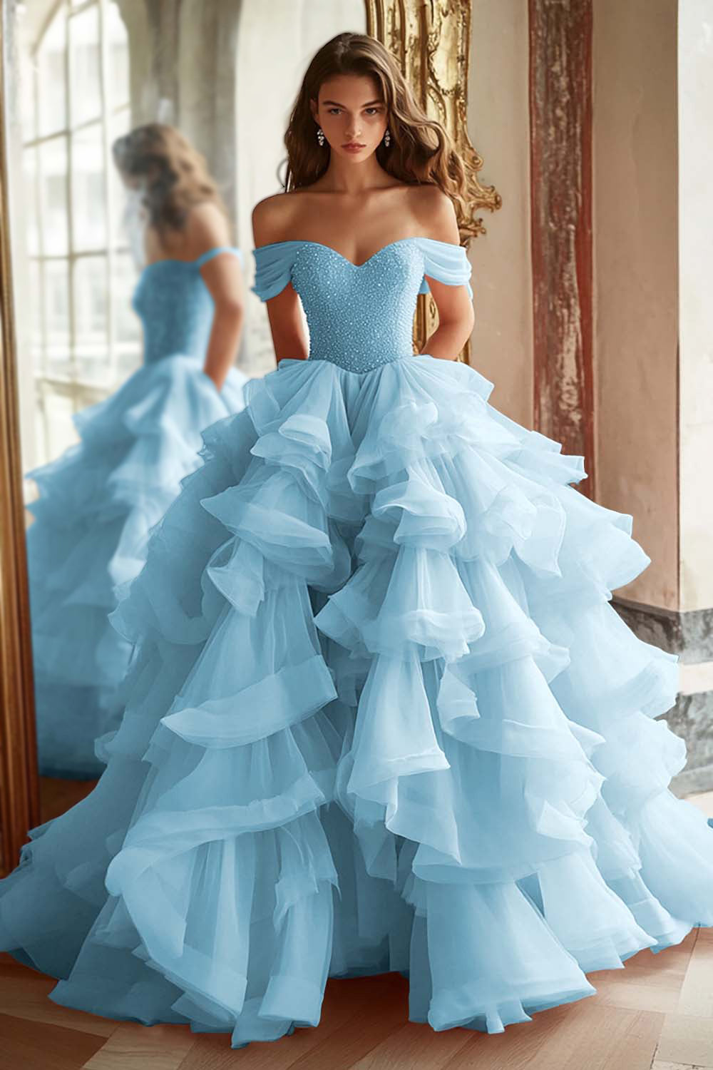 Pink Princess Off-The-Shoulder Tiered Ruffled Long Prom Dress with Sequins