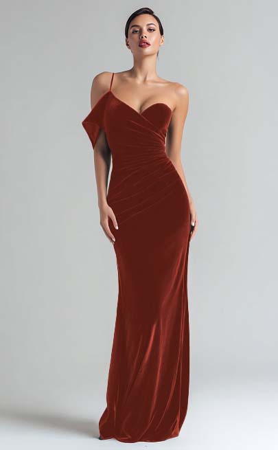 Robe de soirée longue fourreau en velours vert foncé à une épaule