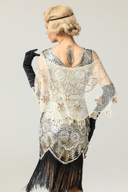 Cape pour femme en ivoire ornée de fleurs et de paillettes, années 20