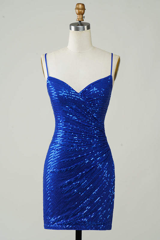 Robe Courte de Soirée Scintillante Bleu Royal à Paillettes et Bretelles Fines