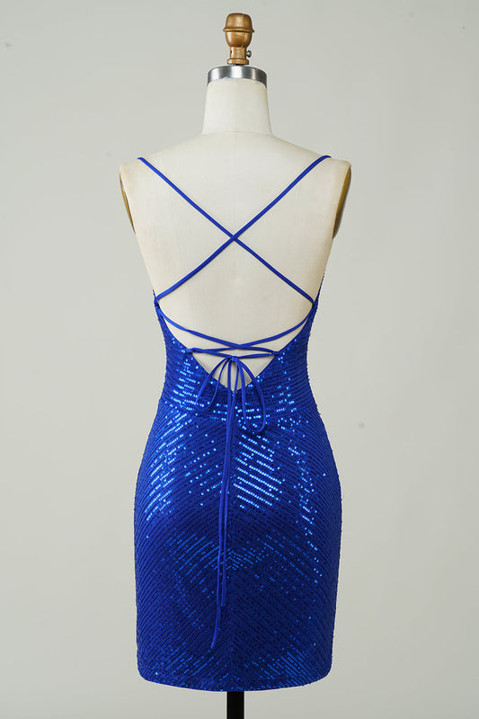 Robe Courte de Soirée Scintillante Bleu Royal à Paillettes et Bretelles Fines