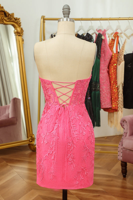 Vestido Cóctel Corto Rosa Ceñido con Apliques