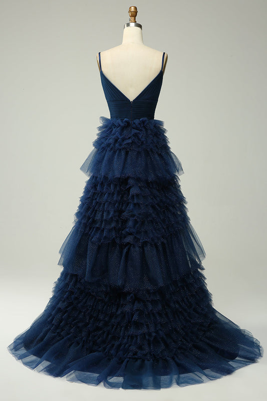 Robe de bal longue bleu marine à bretelles spaghetti en forme trapèze avec volants