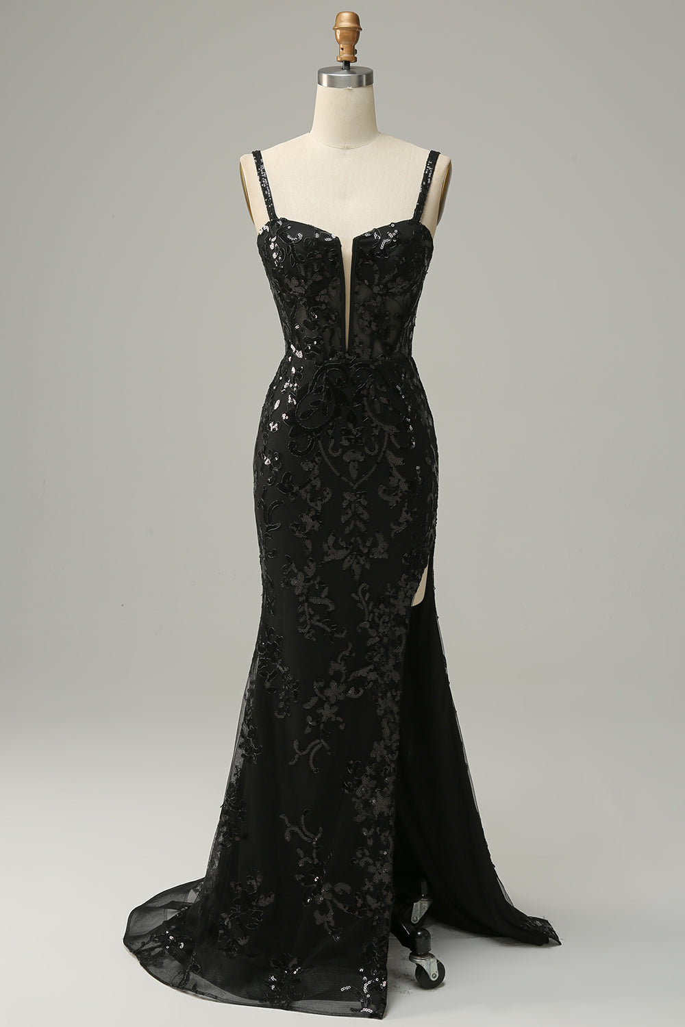 Robe de soirée longue sirène fendue en tulle noir à sequins à fines bretelles