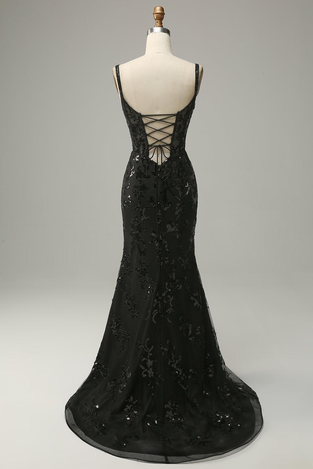 Robe de soirée longue sirène fendue en tulle noir à sequins à fines bretelles