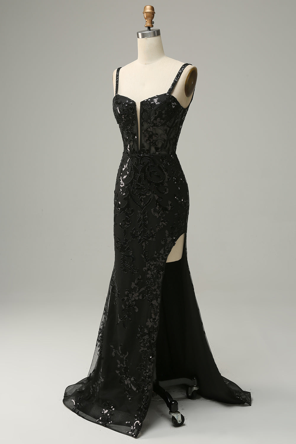 Robe de bal longue sirène à bretelles spaghetti, bleu roi, à paillettes, avec fente frontale