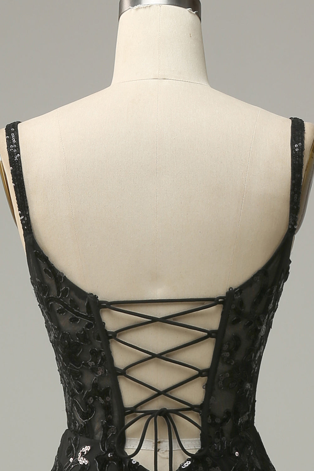 Robe de soirée longue sirène fendue en tulle noir à sequins à fines bretelles