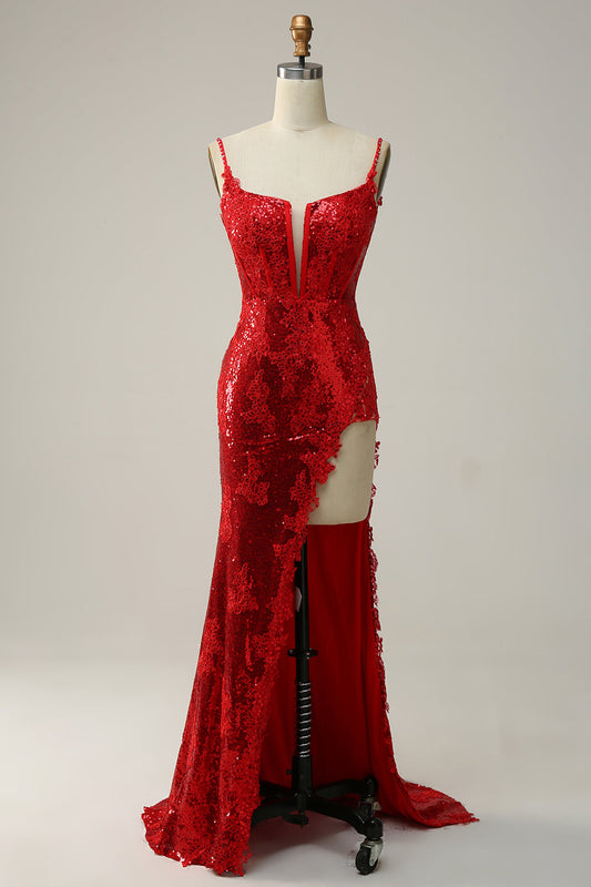 Fourreau Bretelles Spaghetti Rouge Robe de Bal Longue avec Fente sur le Devant