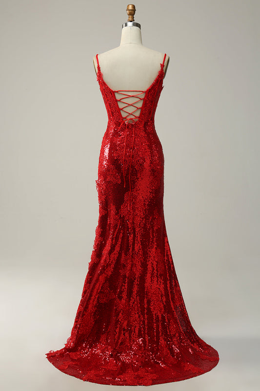 Fourreau Bretelles Spaghetti Rouge Robe de Bal Longue avec Fente sur le Devant