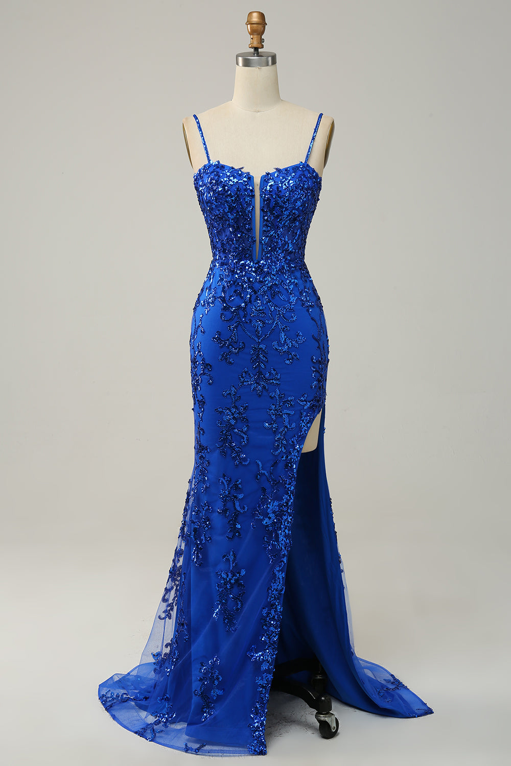 Robe de bal longue sirène à bretelles spaghetti, bleu roi, à paillettes, avec fente frontale