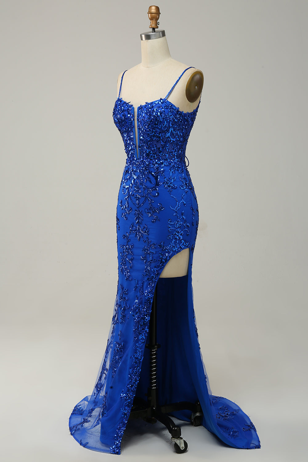 Robe de bal longue sirène à bretelles spaghetti, bleu roi, à paillettes, avec fente frontale