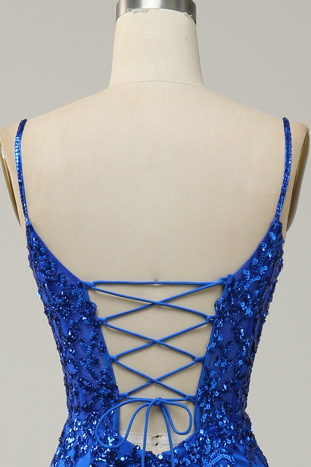 Robe de bal longue sirène à bretelles spaghetti, bleu roi, à paillettes, avec fente frontale