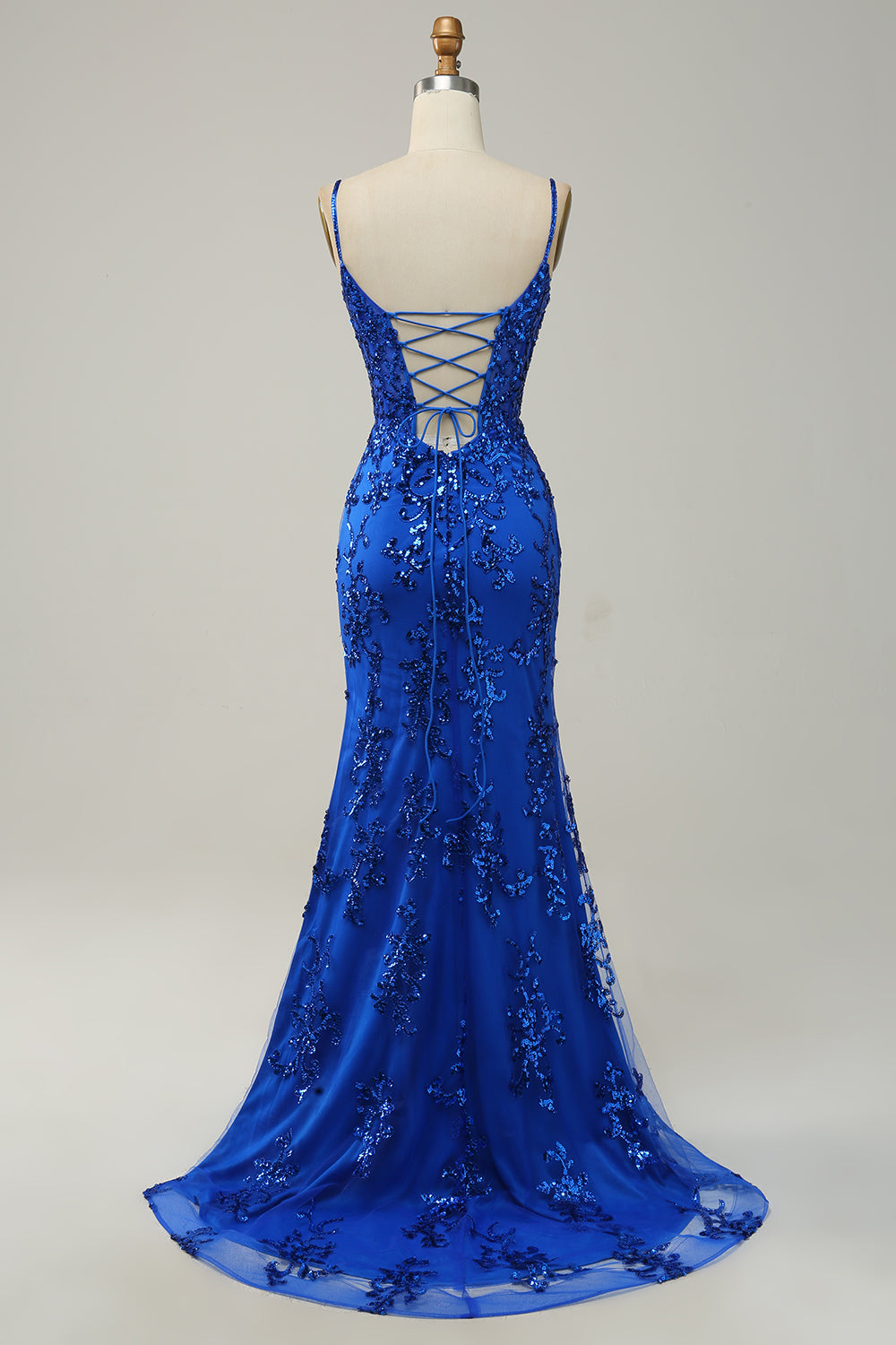 Robe de bal longue sirène à bretelles spaghetti, bleu roi, à paillettes, avec fente frontale