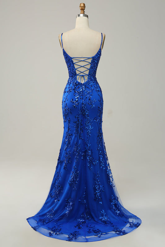 Robe de bal longue sirène à bretelles spaghetti, bleu roi, à paillettes, avec fente frontale