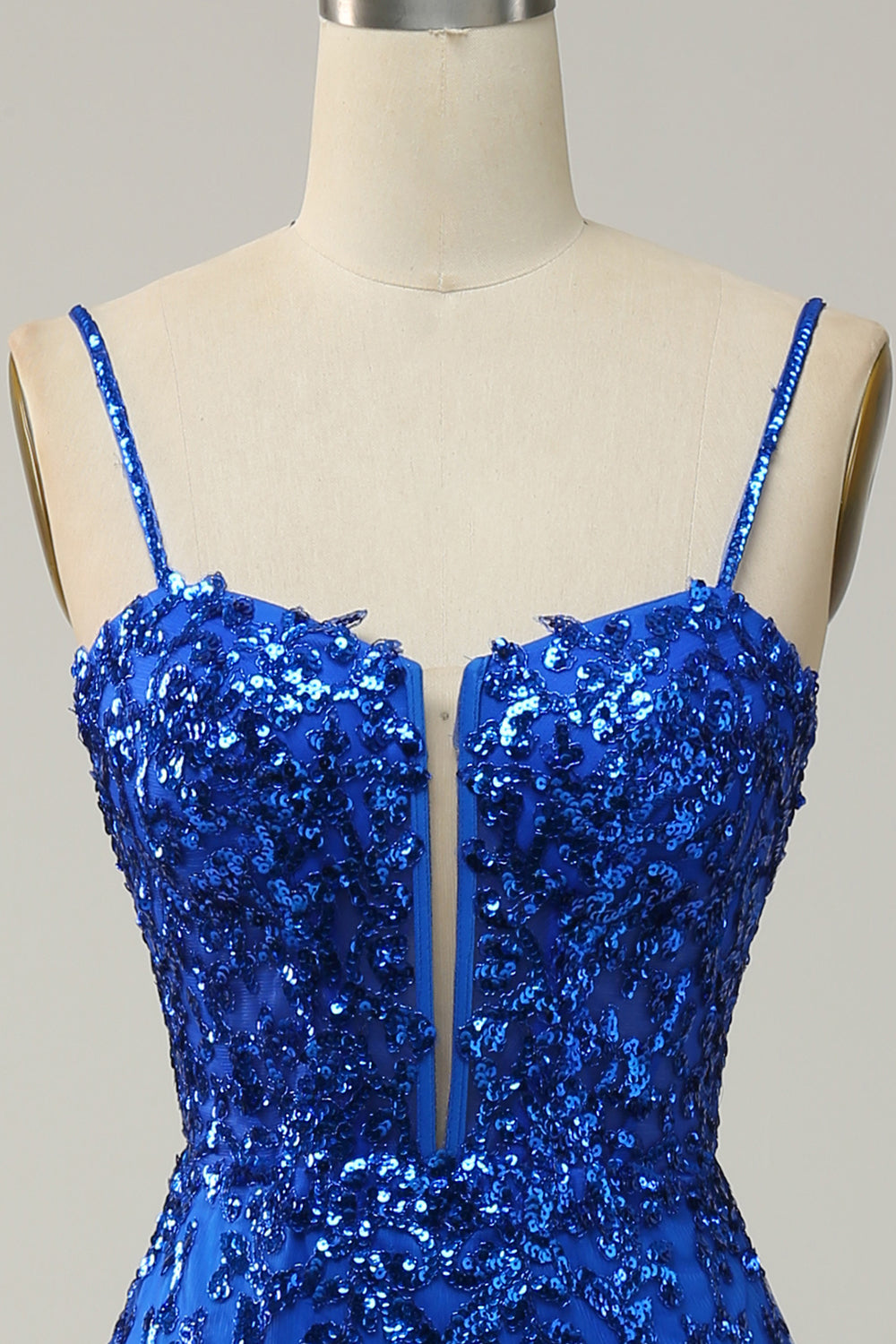 Robe de bal longue sirène à bretelles spaghetti, bleu roi, à paillettes, avec fente frontale