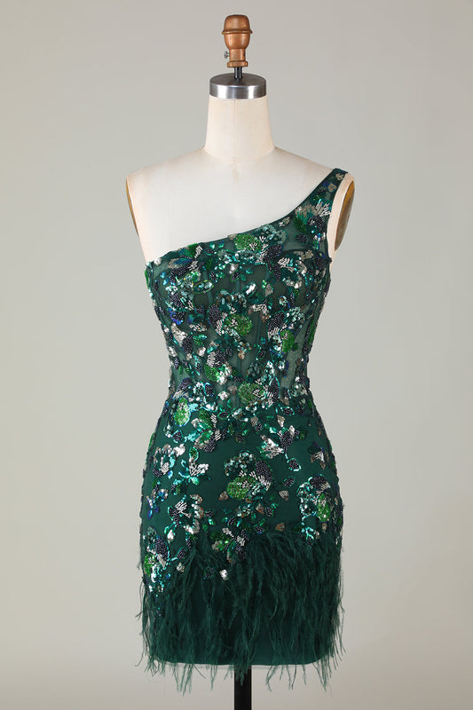 Robe courte de bal moulante à une épaule vert foncé à paillettes avec plumes
