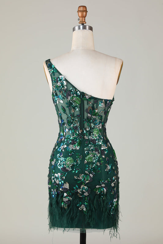 Robe courte de bal moulante à une épaule vert foncé à paillettes avec plumes