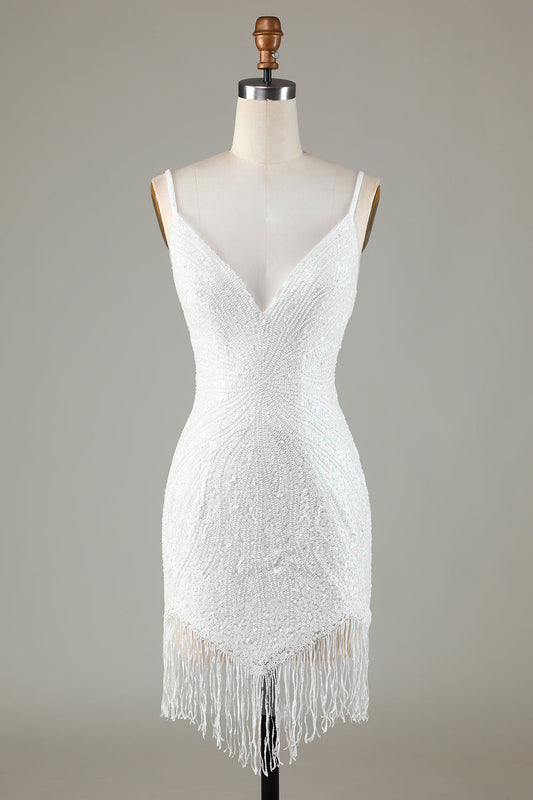 Robe courte de bal moulante et scintillante à bretelles spaghetti et dos lacé bleu, ornée de perles