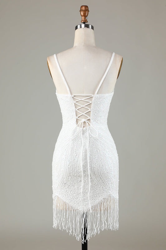 Robe courte de bal moulante et scintillante à bretelles spaghetti et dos lacé bleu, ornée de perles
