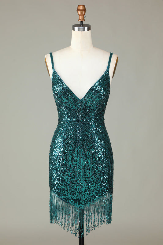 Robe Courte de Soirée Moulante à Bretelles Vertes, Dos Nu Laçé, Ornée de Perles