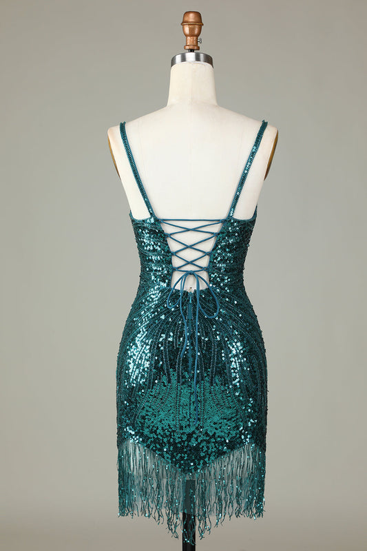 Robe Courte de Soirée Moulante à Bretelles Vertes, Dos Nu Laçé, Ornée de Perles