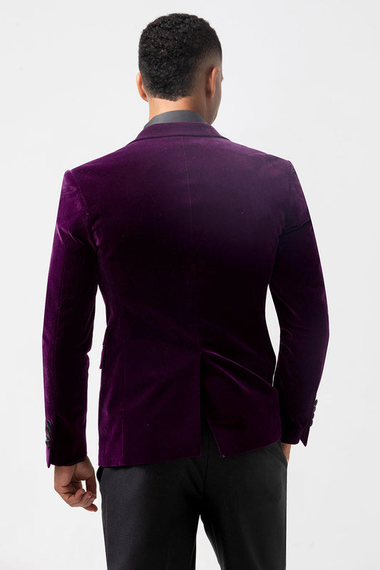 Blazer de bal homme en velours violet foncé à revers cranté et un bouton