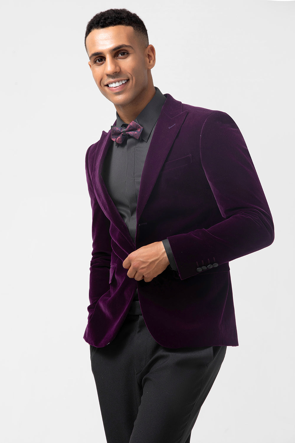 Blazer de bal homme en velours violet foncé à revers cranté et un bouton
