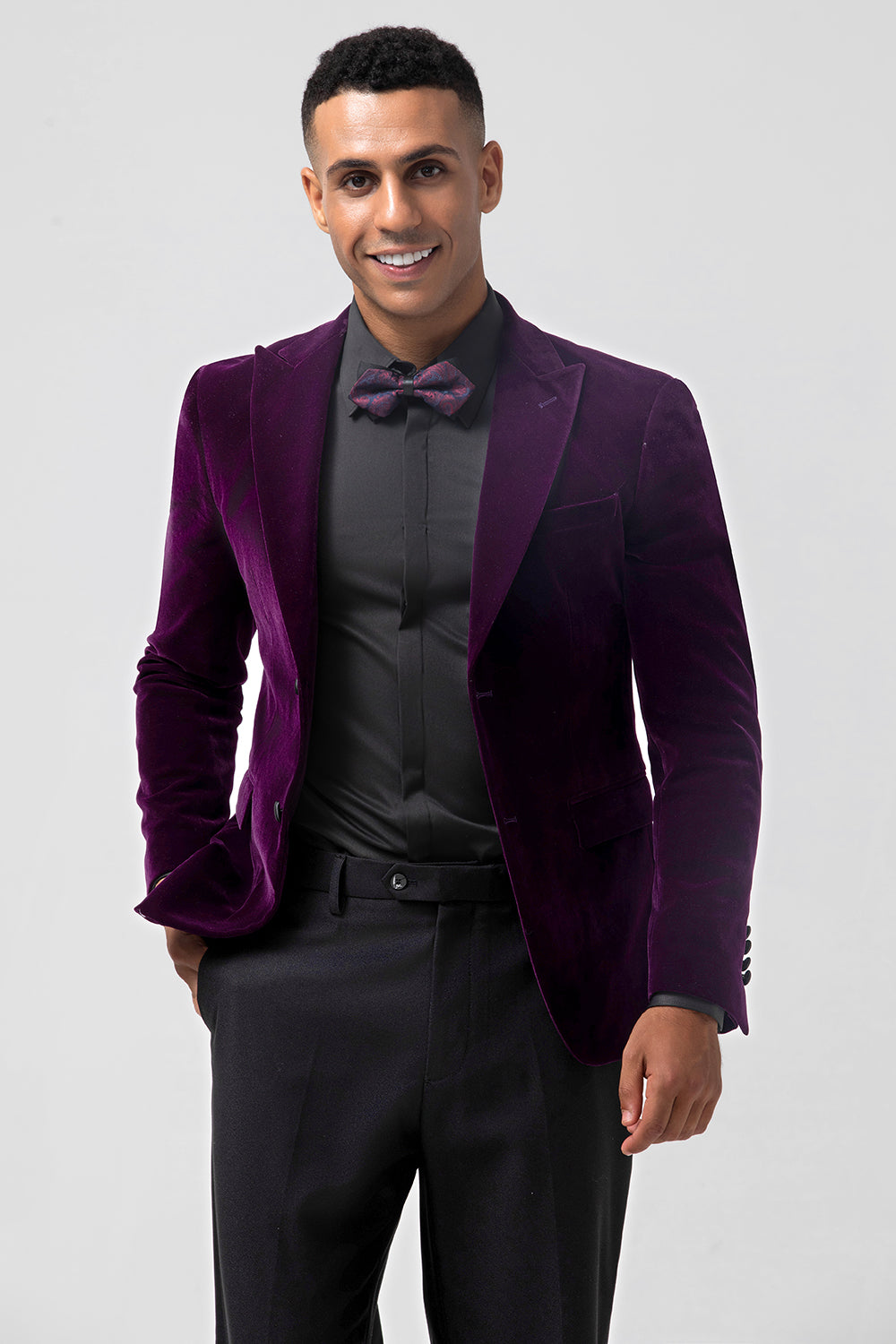 Blazer de bal homme en velours violet foncé à revers cranté et un bouton
