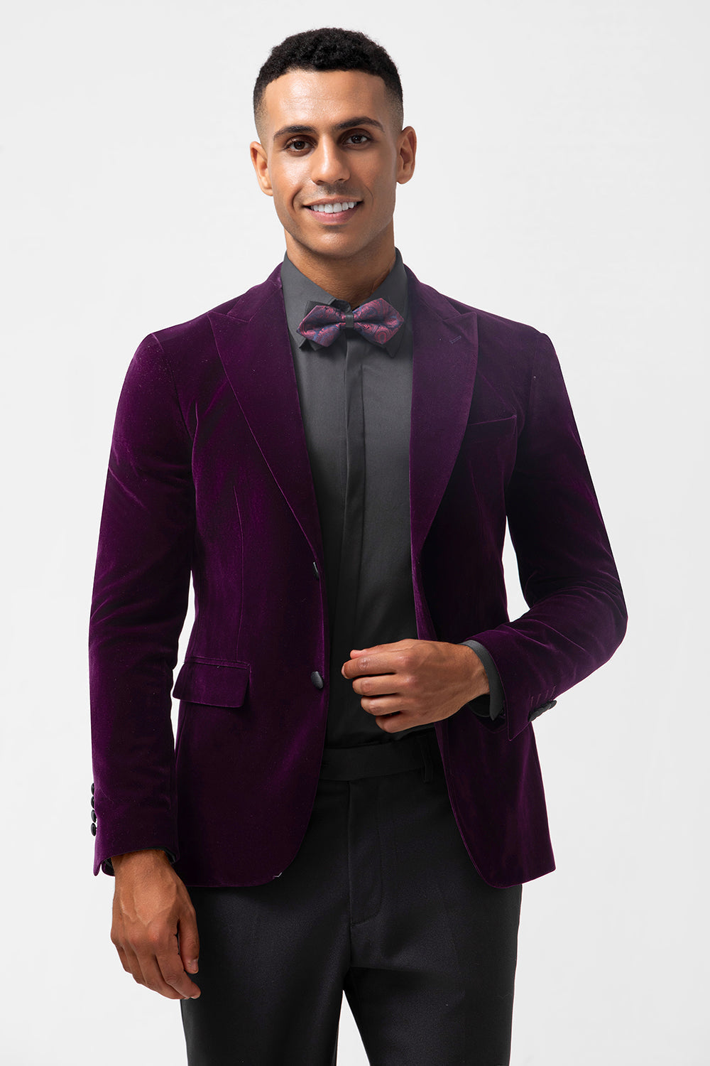 Blazer de bal homme en velours violet foncé à revers cranté et un bouton