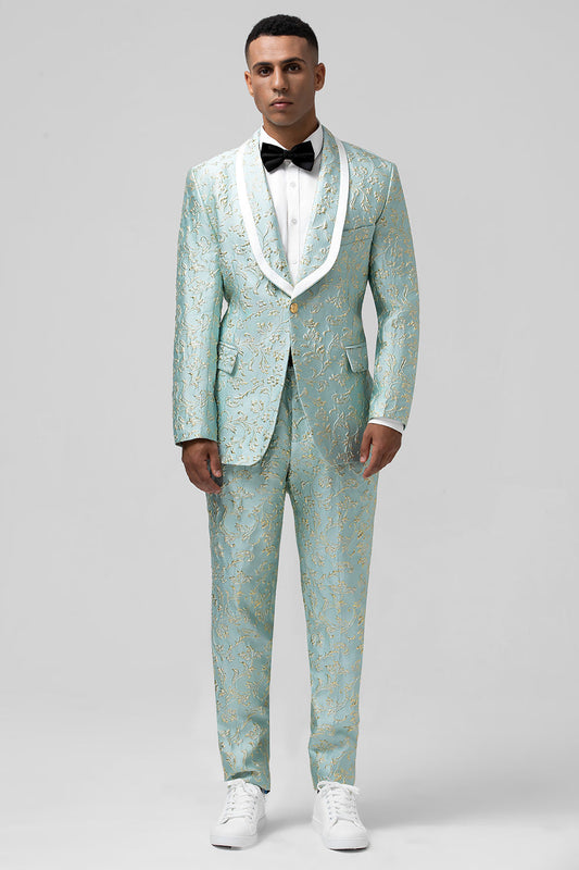 Costume de bal deux pièces pour homme en jacquard boutonné avec revers en pointe menthe