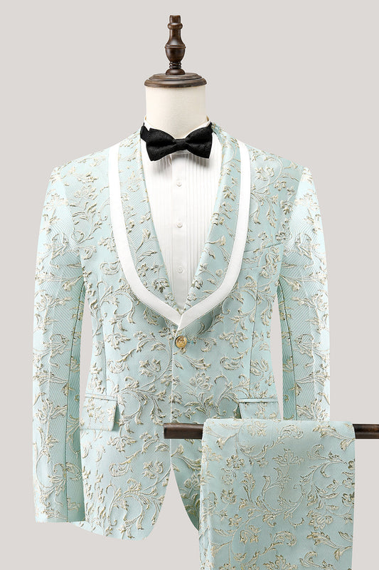 Costumes deux pièces pour homme en jacquard menthe avec revers châle à un bouton