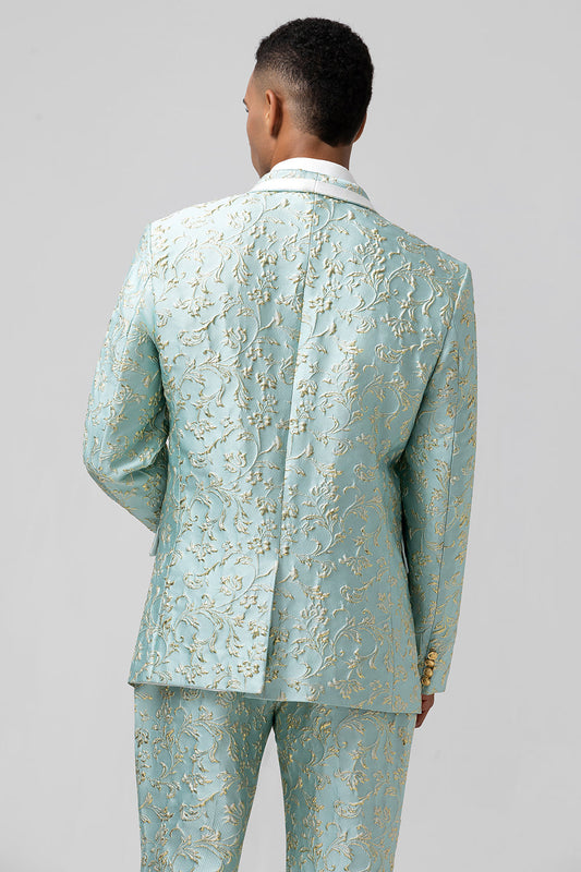 Costume de bal deux pièces pour homme en jacquard boutonné avec revers en pointe menthe