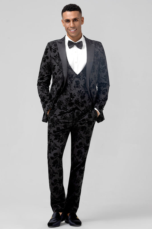 Costume de bal 3 pièces pour homme, un bouton, en jacquard noir, revers en pointe