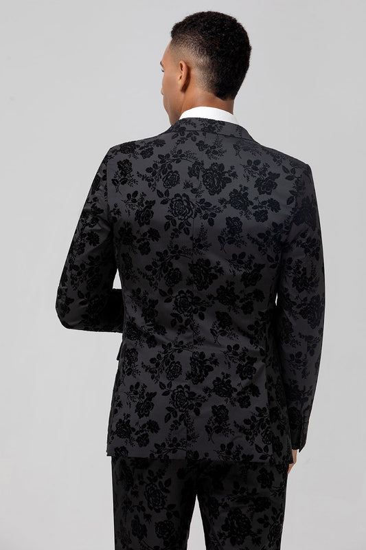 Costume de bal 3 pièces pour homme, un bouton, en jacquard noir, revers en pointe