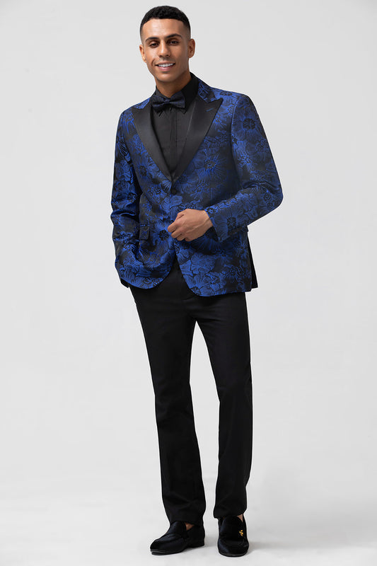 Blazer Jacquard Homme Revers Pointus Bleu Roi