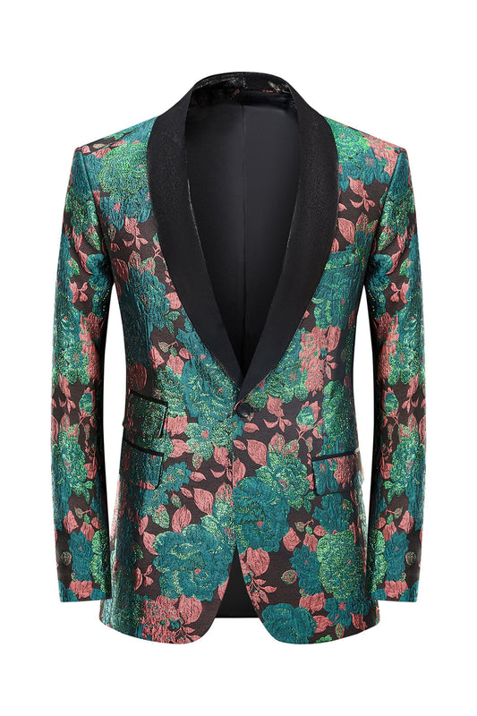 Veste de costume pour homme à revers châle vert, motif floral jacquard, Blazer de bal de retour à la maison