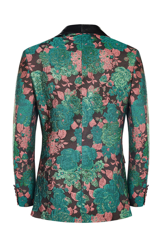 Veste de costume pour homme à revers châle vert, motif floral jacquard, Blazer de bal de retour à la maison