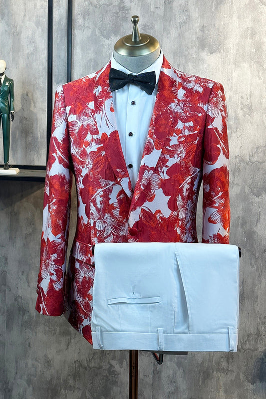 Costume de bal 2 pièces pour homme en jacquard floral rouge