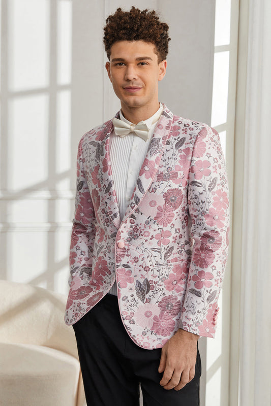 Costumes de rentrée deux pièces roses à revers châle, un bouton et jacquard fleuri