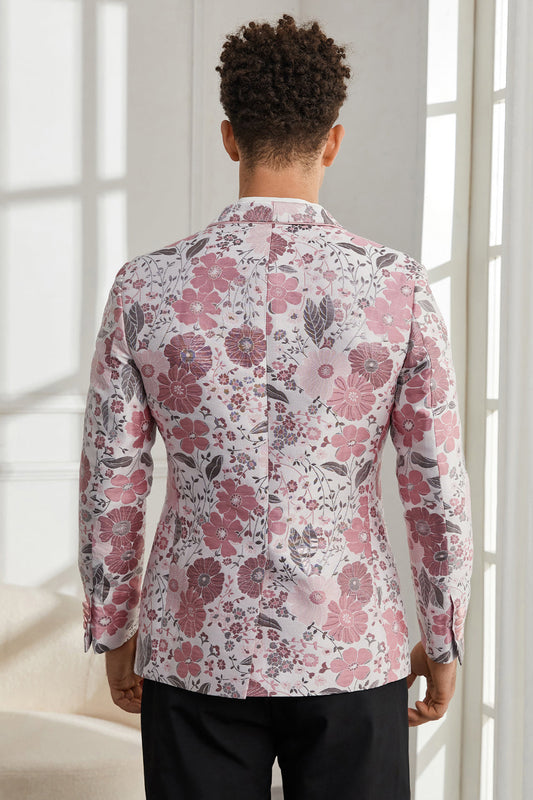 Costumes de rentrée deux pièces roses à revers châle, un bouton et jacquard fleuri