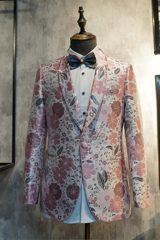 Costumes deux pièces de bal et de retour à la maison à revers châle en jacquard floral rose