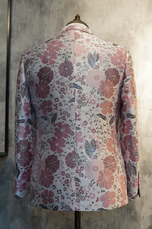 Costumes deux pièces de bal et de retour à la maison à revers châle en jacquard floral rose