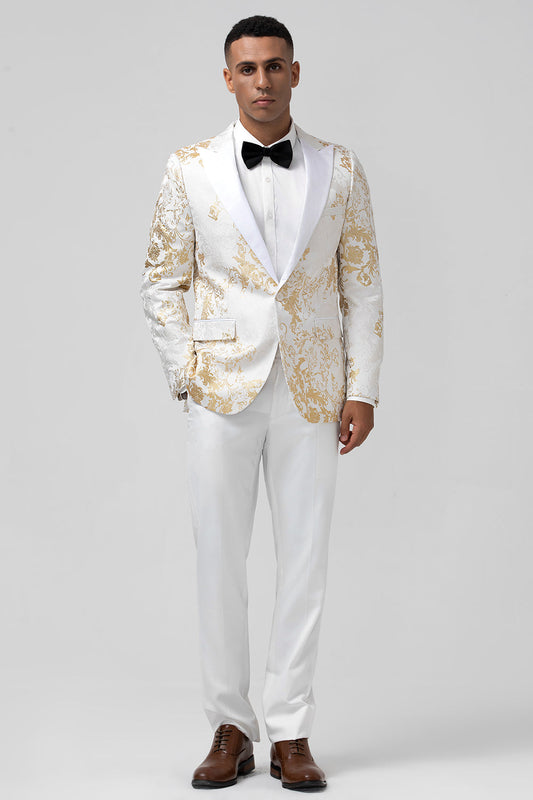Costume de bal pour homme en jacquard, 2 pièces, revers pointu, un bouton, couleur champagne