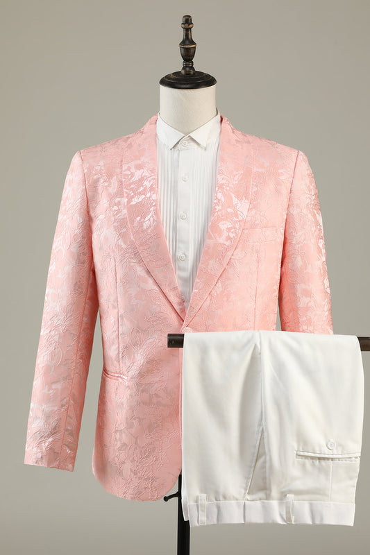 Costume de bal deux pièces rose clair à revers châle jacquard et un bouton