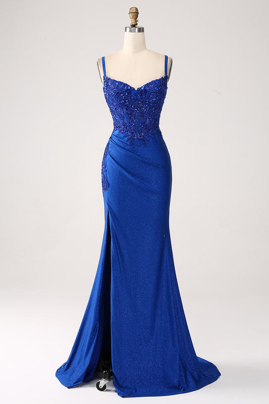 Vestido de Graduación Largo Sirena Azul Real Brillante con Tirantes Finos y Apliques