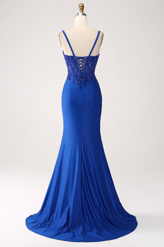 Vestido de Graduación Largo Sirena Azul Real Brillante con Tirantes Finos y Apliques
