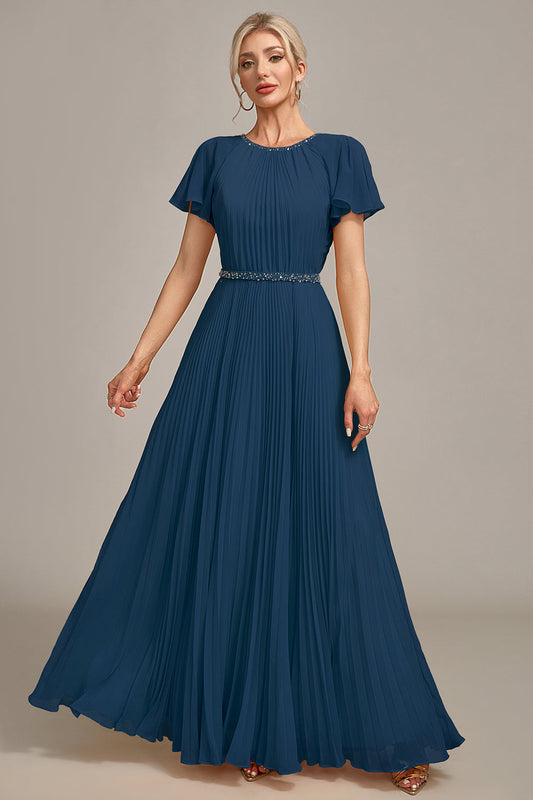 Navy A-Line Round Neck Pleated Mother of the Bride Dress With Short Sleeves