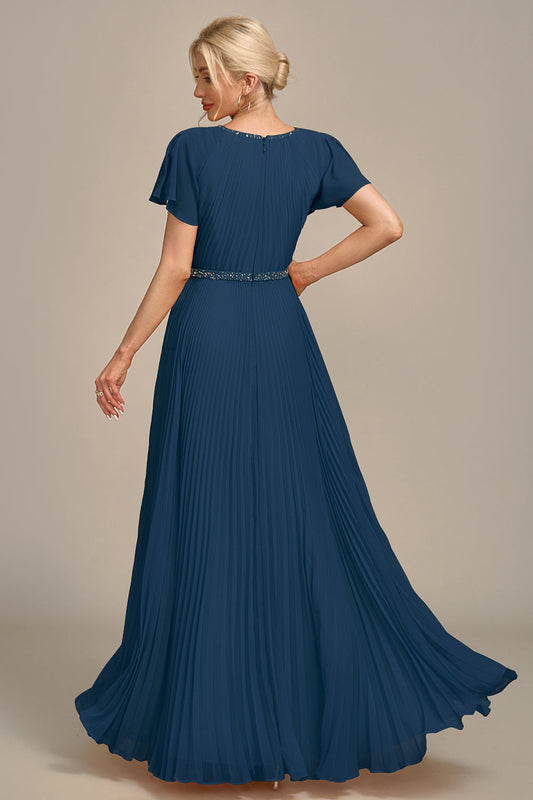 Navy A-Line Round Neck Pleated Mother of the Bride Dress With Short Sleeves