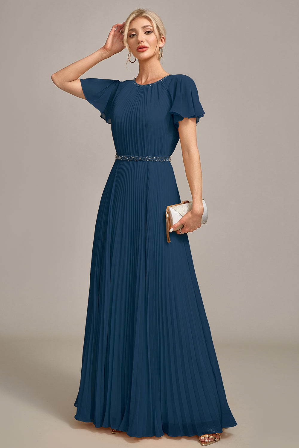 Navy A-Line Beaded Round Neck Pleated Choir Dress with Short Sleeves